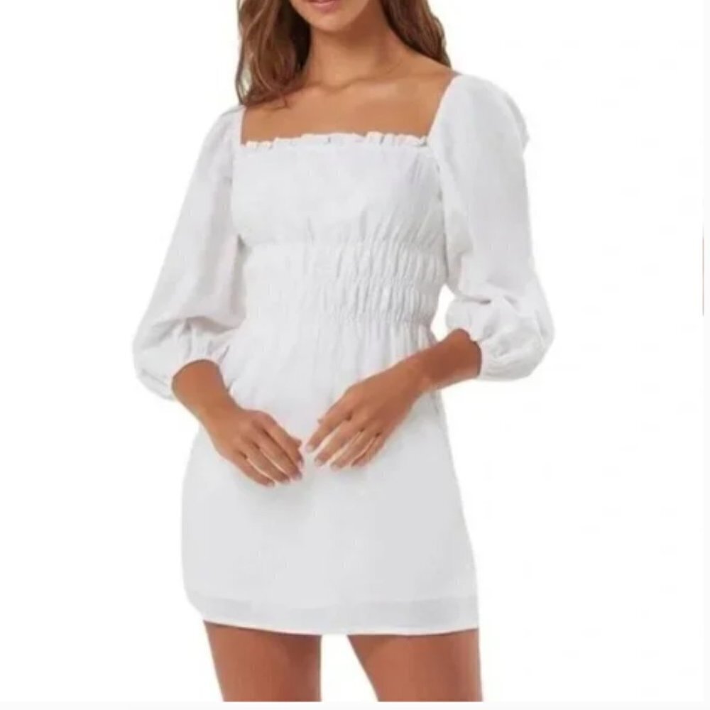 Charlie Holiday Boheme Linen Puff Sleeve Mini Dress Coastal